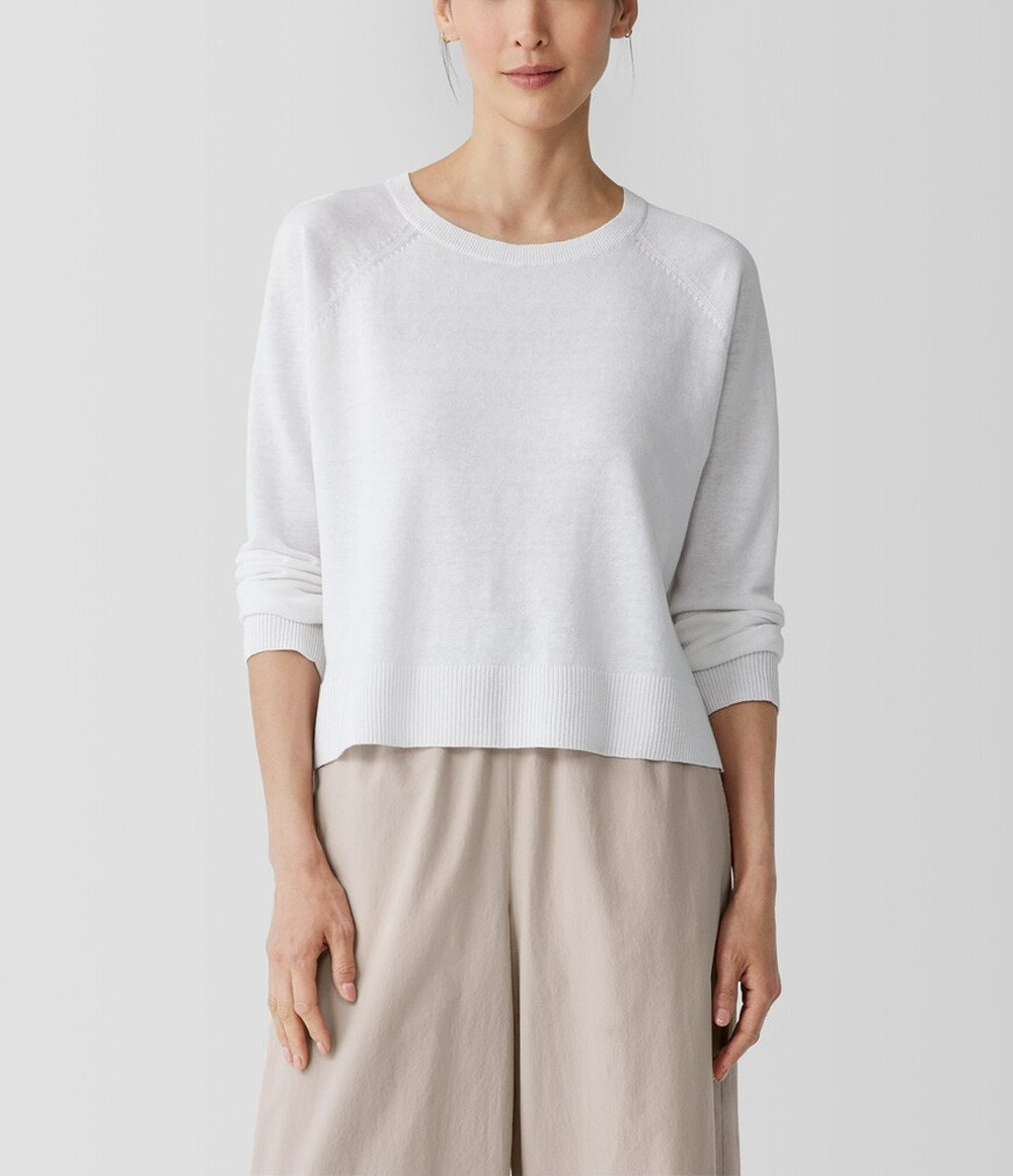 Eileen Fisher white linen cotton fine-knit crew neck sweater Size 1X A010554